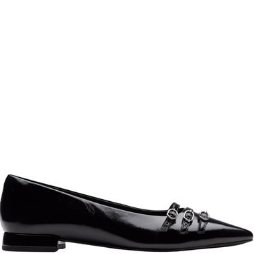 CLARKS WOMENS STRAP POINT TOE SHOE - BLACK PATENT